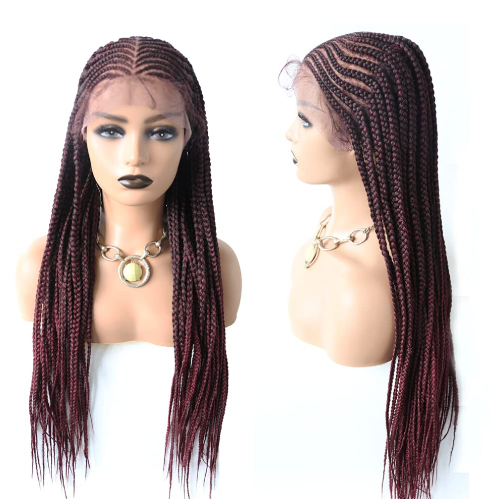 Box Braided Lace Front Wig Wine Red Ombre Cornrow Style for Black Women with Natural Hairline