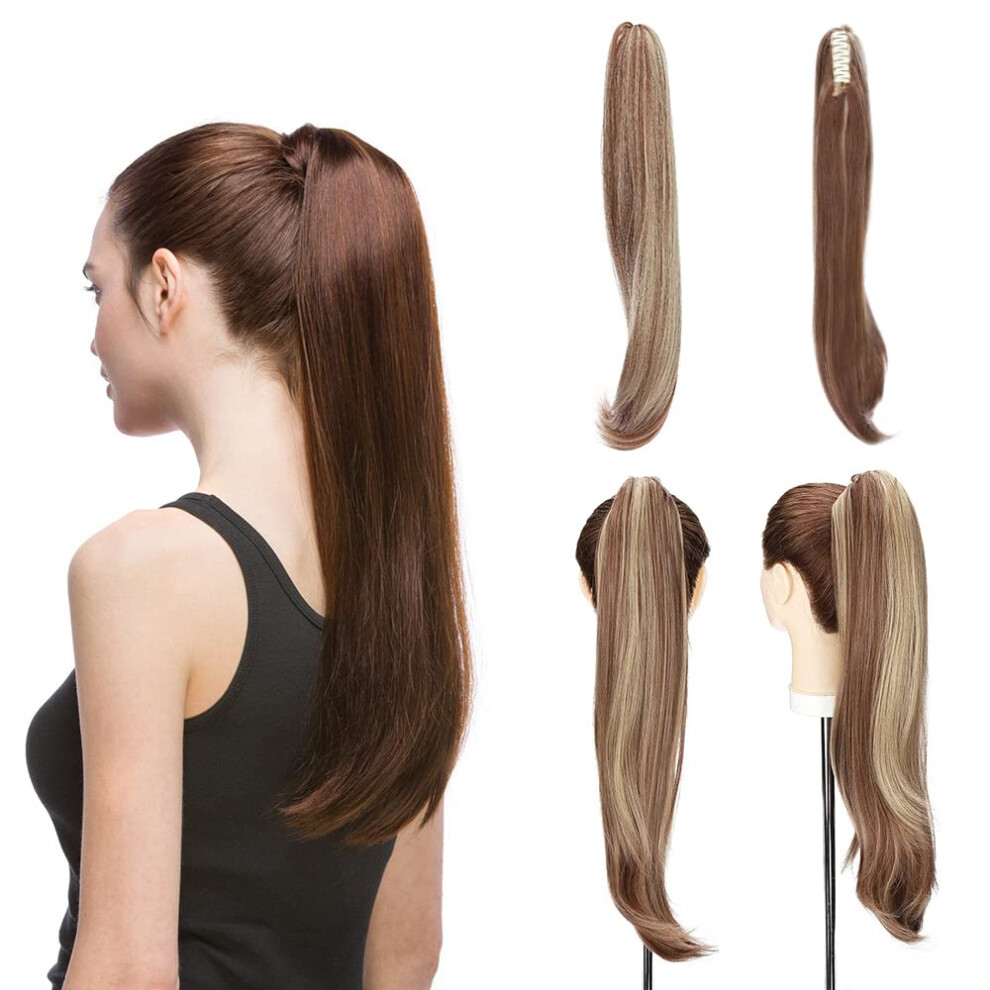 Clip In Ponytail Extension 22 Inch Straight Synthetic Hairpiece for Women, Golden Brown Blonde