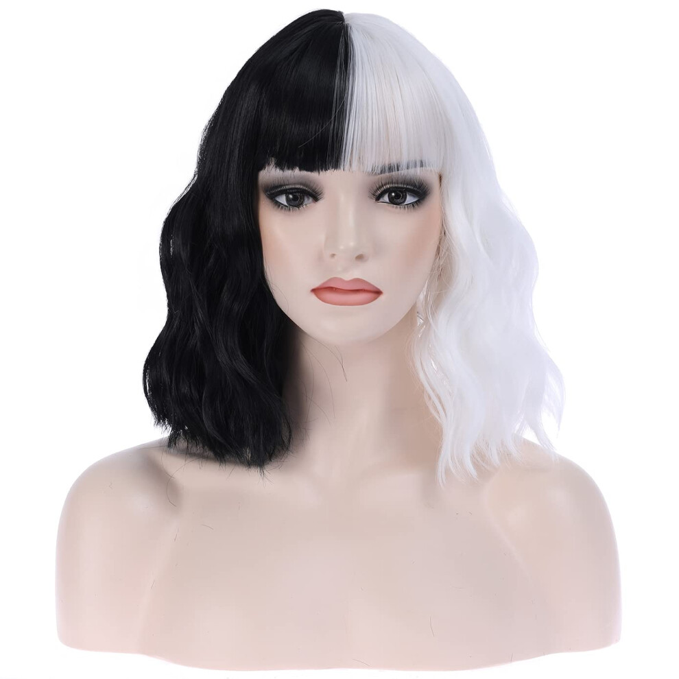 Unisex White,Black Black And White Curly Bob Wig With Bangs, Heatresistant Synthetic 14 Inch Twotone Wavy Cosplay
