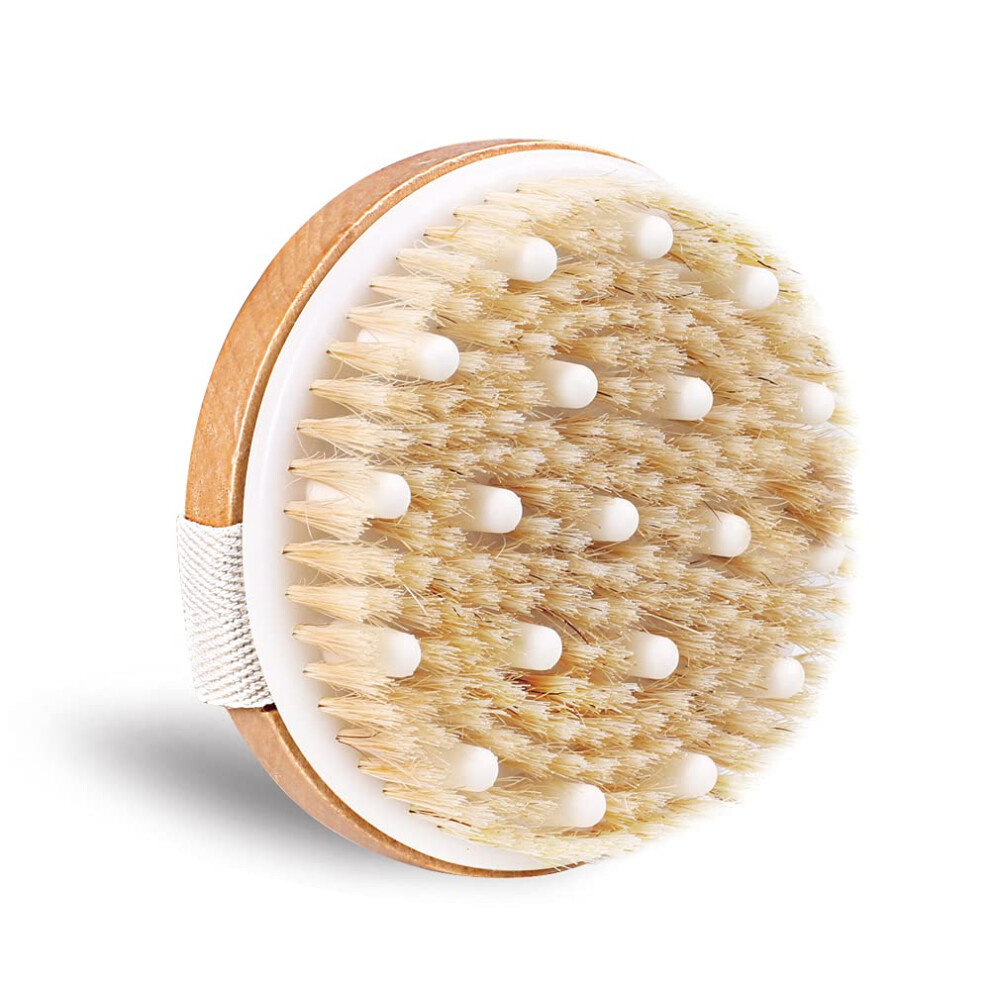 Body Brush for Dry Brushing Exfoliation and Massage, Round Wooden Bath Brush with Natural Bristles