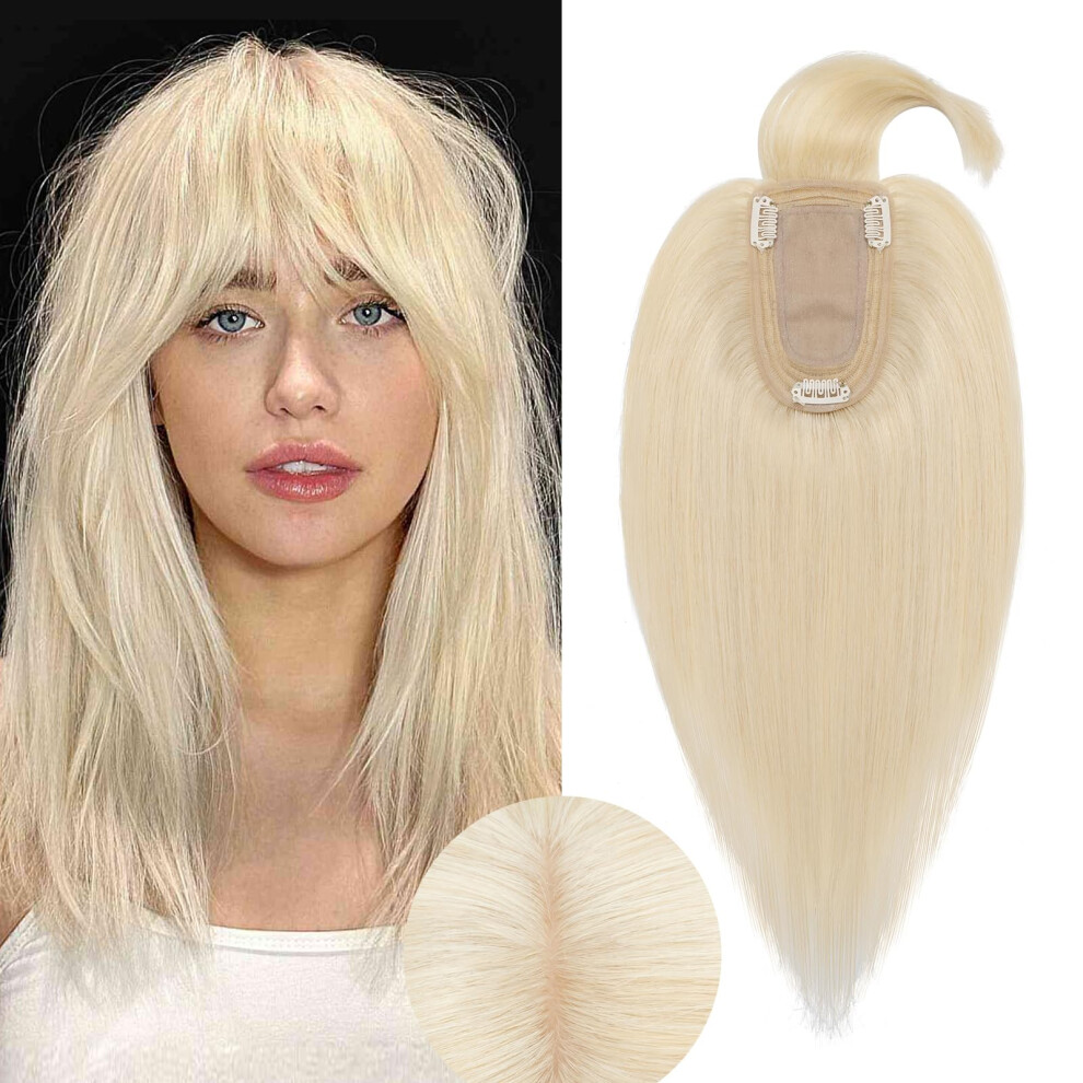 Unisex Silver Remy Human Hair Topper Silk Base Clip In Platinum Blonde For Women Thinning Hair 12 Inch