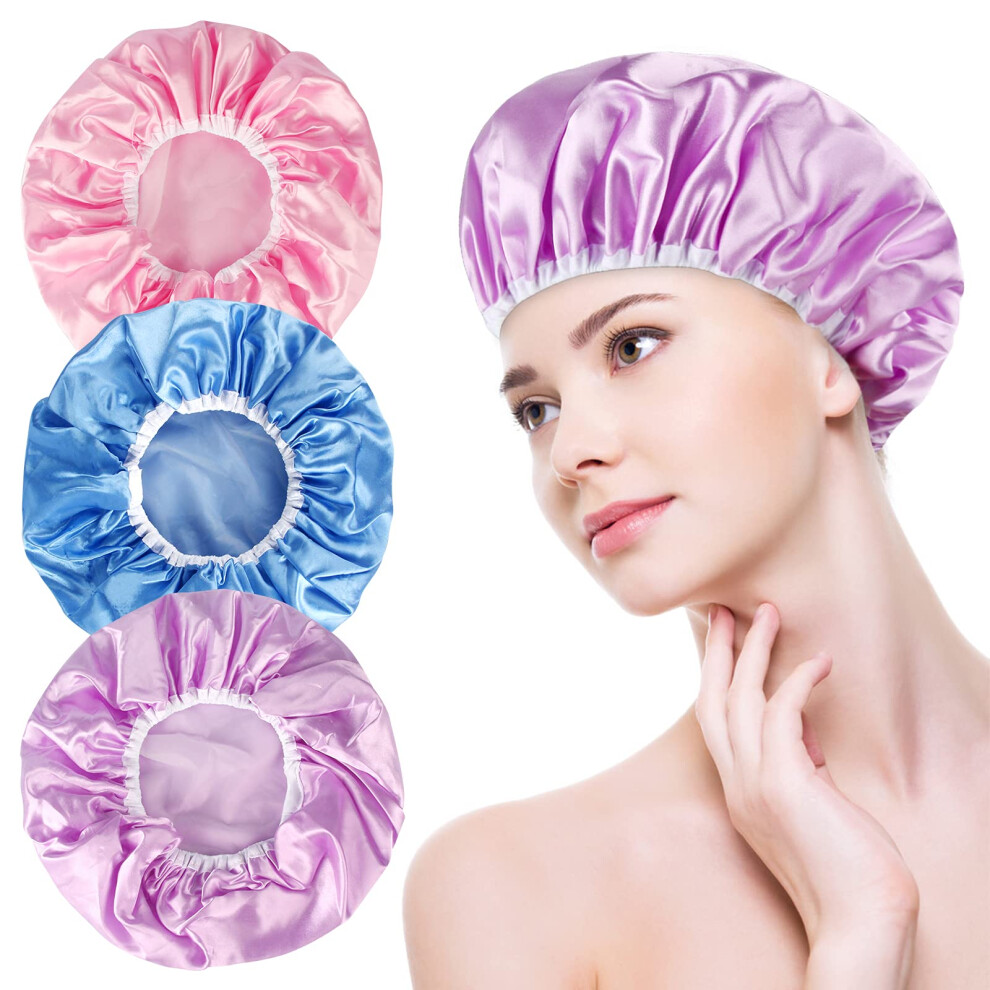 Waterproof Double Layer Shower Cap for Women with Comfortable Elastic Band, Reusable Spa Hat