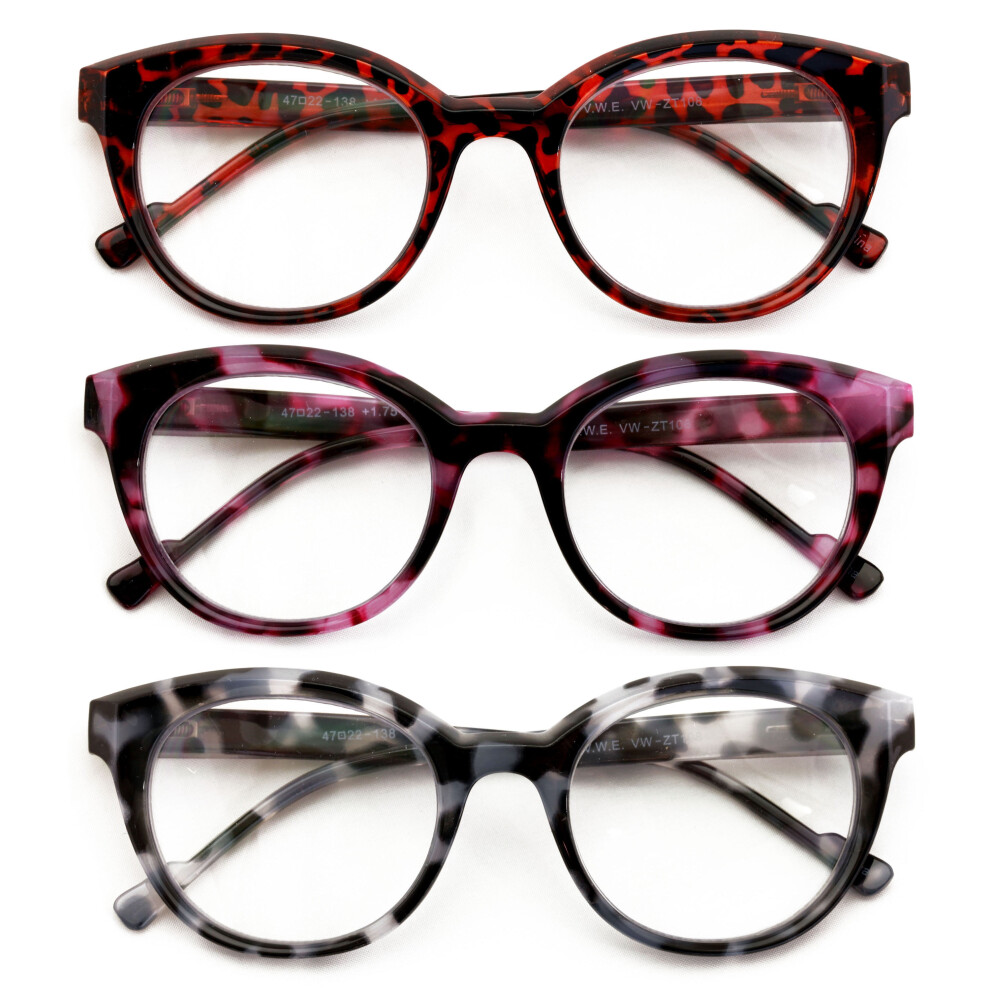 3 Pairs Women Round Marble Tortoise Reading Glasses - Comfotable Spring Hinge Clear Lens Reader ZT108 +4.00