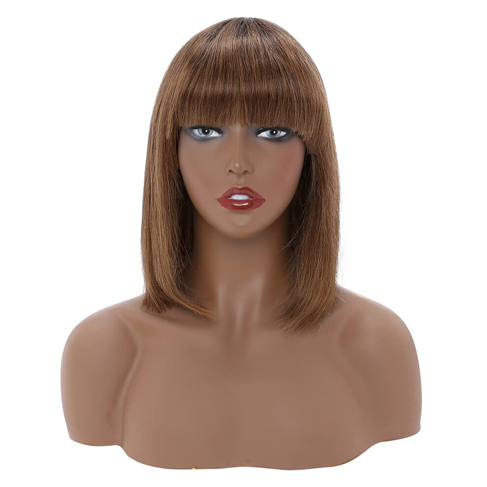 Unisex Black,Red Human Hair Bob Wig With Bangs 10 Inch Ombre Glueless For Black Women Natural Dark Root Auburn