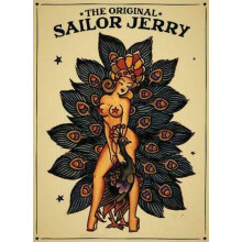 Blechschild „Sailor Jerry Tattoo Girl and A Pecock“ im Retro-Stil für Küche, Garten, Restaurant, Bauernhof, Badezimmer, Zoo, Höhle,