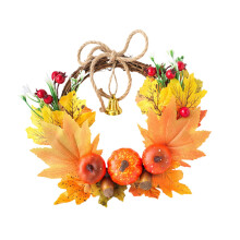 Pompoenkrans met guirlande, herfstpompoenkrans met pilaarkaars, tafeldecoratie voor Thanksgiving en Halloween, esdoornkrans als tafelstuk,