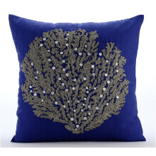 Königsblaue Kissenbezüge (45 x 45 cm), verziert mit Perlen, Meeresmotiven und Algen, floralem Baumwoll-Leinen-Dekor – Entlang der Küste