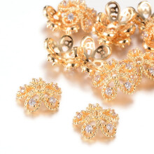 2 capace pentru mărgele din alamă cu 5 petale și stras, floare, cristal, auriu deschis, 11 x 4 mm, gaură: 1 mm