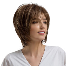 Peluca sintética de pelo corto castaño natural con raya lateral para mujer, nueva, de Kiplyki Wholesale.