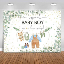 Painel de fundo para chá de bebê com a frase "Oh Baby" (Oh, bebê!), folhas verdes, aquarela floral de eucalipto, bolinhas douradas, banner para
