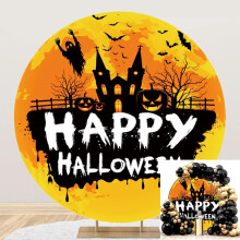 Sfondo rotondo di Halloween 7,2x7,2 piedi con castello spaventoso, zucca, pipistrello e sfondo fotografico giallo.