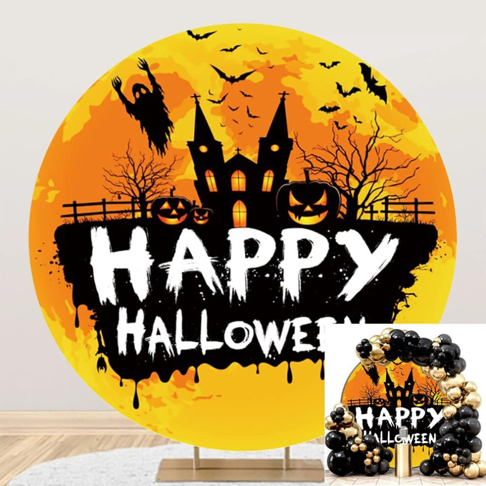 7.2X7.2ft Happy Halloween Round Backdrop Scary Castle Pumpkin Bat Photography Background Circle Yellow 9433291474686