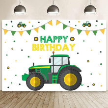 Achtergrond voor een jongensverjaardag met tractor, cartoon groene tractor met kleurrijke stippen en vlaggen, feestdecoratie voor een cake smash