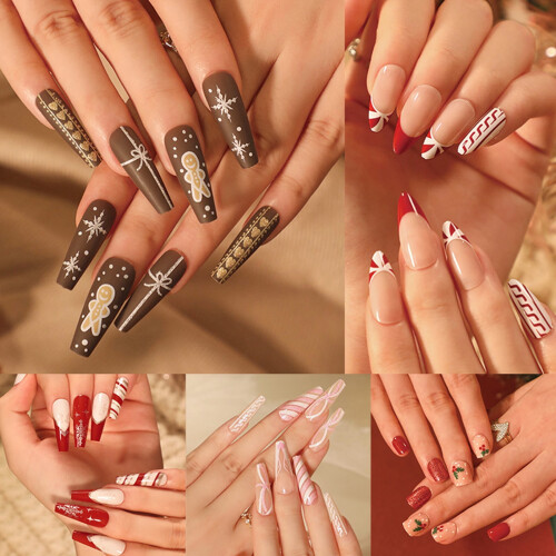 Hesroicy24Pcs Faux Nails Εύκολη αφαίρεση Χριστουγεννιάτικα μακράς διαρκείας Διάφορα 1