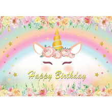 Bloemen Eenhoorn Lint Hemel Wolken Foto Achtergrond Verjaardagsfotografie Achtergrond voor Kinderfeestdecoraties Kinderfeestbanner