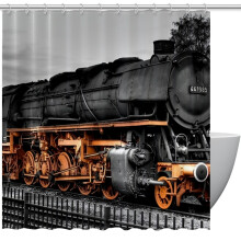 Derkymo Vintage Duschvorhang mit Dampflok-Motiv in Schwarz und Orange, inklusive Haken, 152 x 183 cm