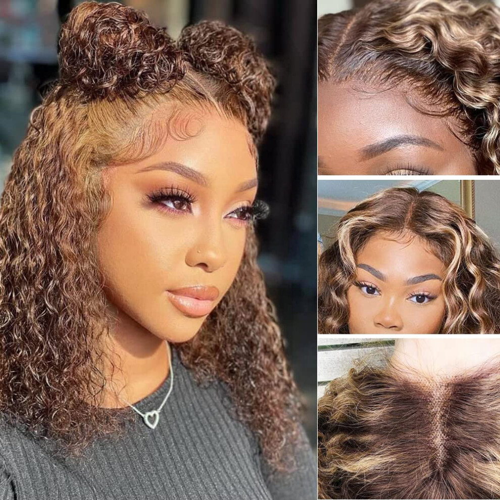 Unisex 16 Inch Brazilian Virgin Human Hair Lace Front Wig, Ombre Highlight, Pre Plucked, Bleached Knots