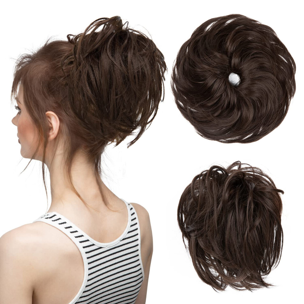 Unisex Brown Large Messy Bun Hair Piece Dark Synthetic Wavy Ponytail Extension For Women, Instant Volume Boost