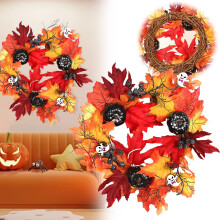 Großer Ausverkauf! Halloween-Türkranz mit Lichterkette, Herbst-Kürbiskranz, Wanddeko für drinnen, Tischdekoration – jetzt im Ausverkauf!