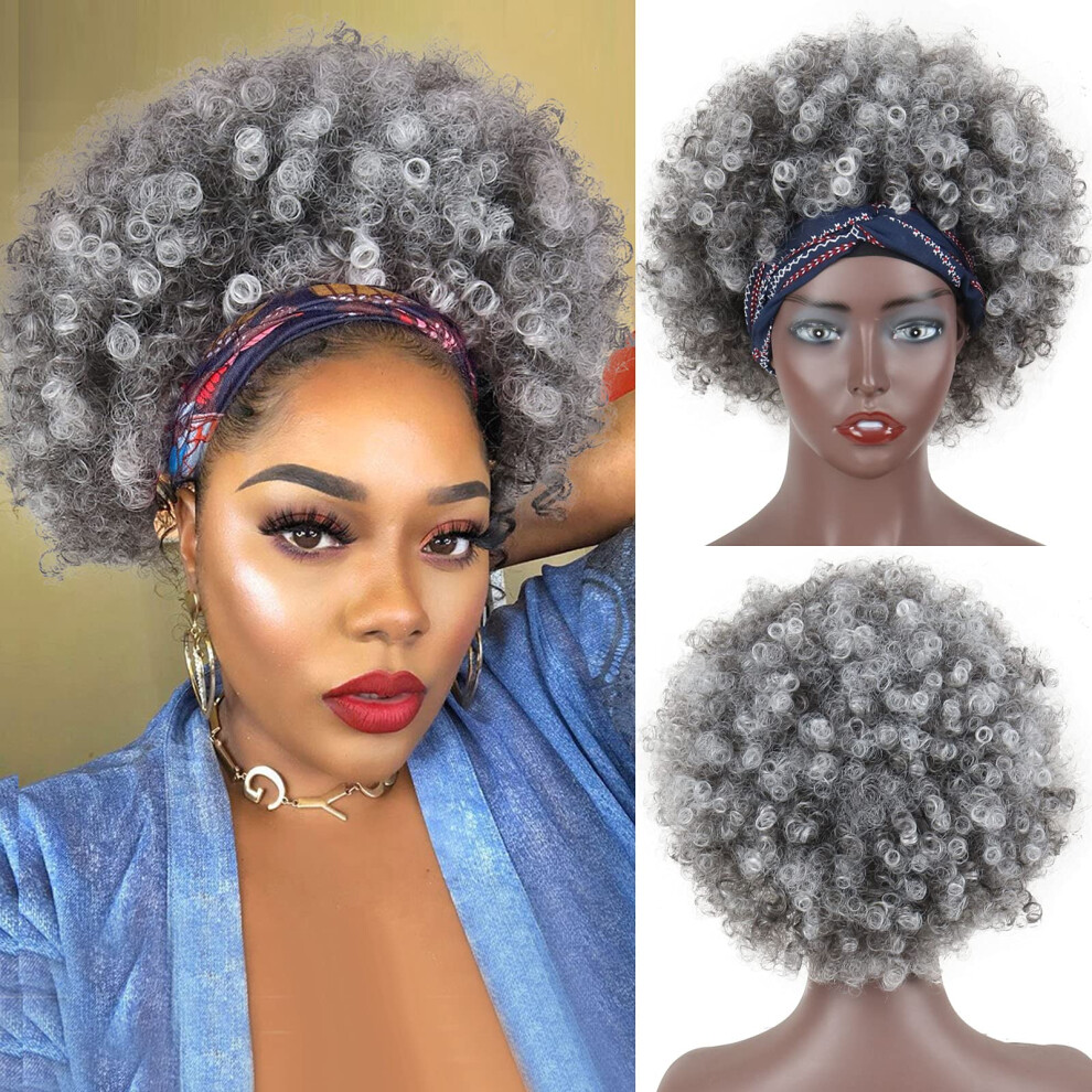 Unisex Black Afro Kinky Curly Headband Wig Short Gray Synthetic 6 Inch Glueless Natural Hairline For Women