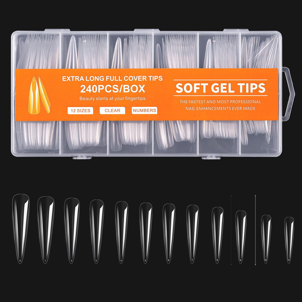 240 Soft Gel Full Cover Nail Tips,Coffin Stiletto Ballerina False Nails Clear Fake Press on Nails for Nail Art Design