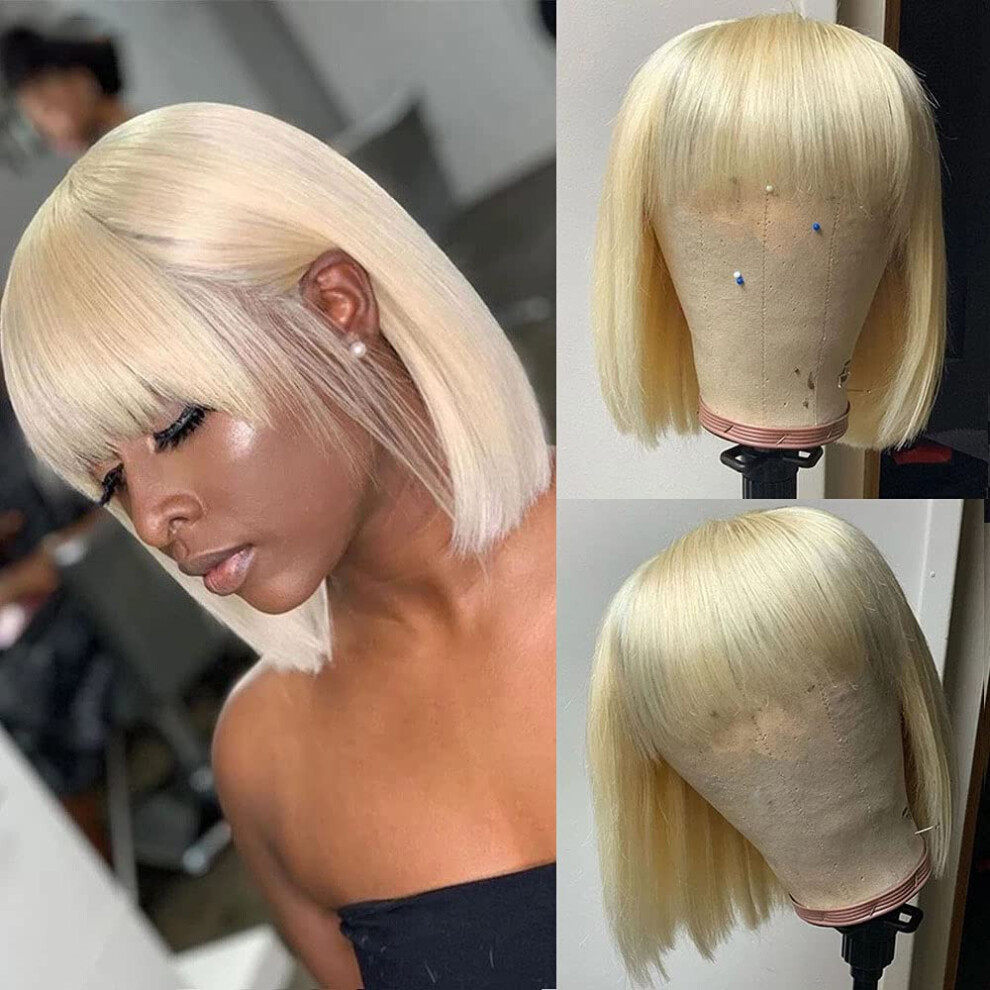 Unisex Black 613 Blonde Short Bob Wig With Bangs 150% Density Glueless Human Hair Wig For Women 10 Inch