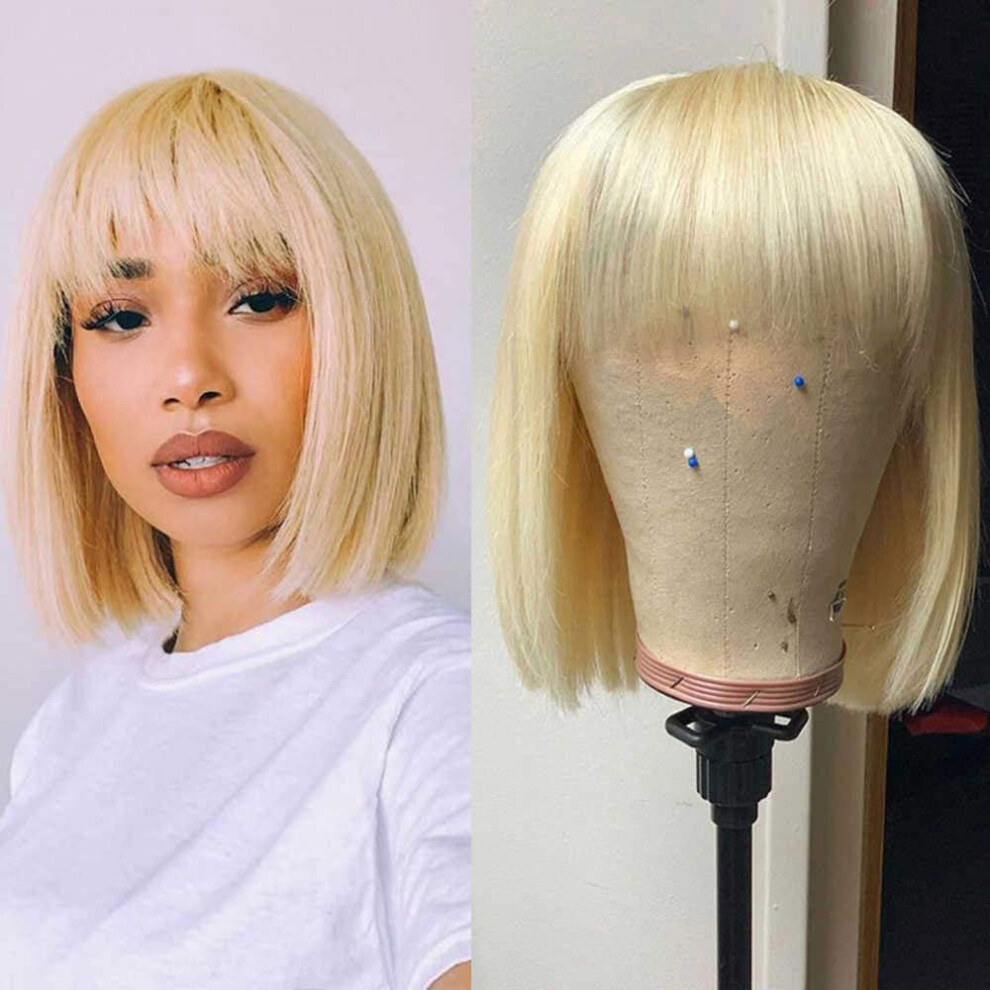 Unisex 613 Blonde Human Hair Wig With Bangs Brazilian Virgin Straight Glueless Non Lace Front 16 Inch