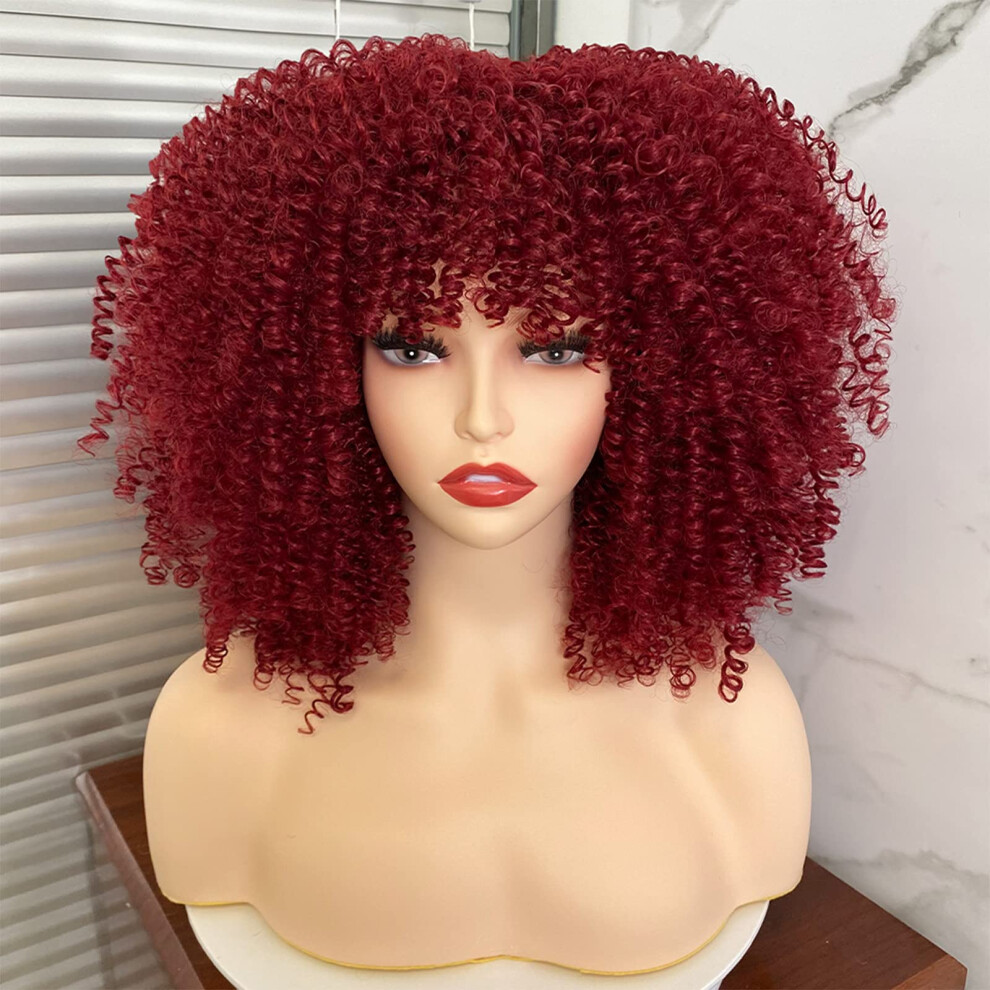 Curly Afro Wig with Bangs for Black Women Burgundy Short Kinky Synthetic 14 Inch Hair
