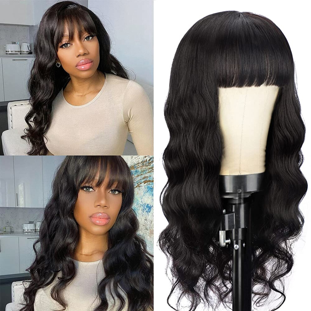 Unisex Black Brazilian Human Hair Wig With Bangs 150% Density Glueless Natural Virgin Remy For Women