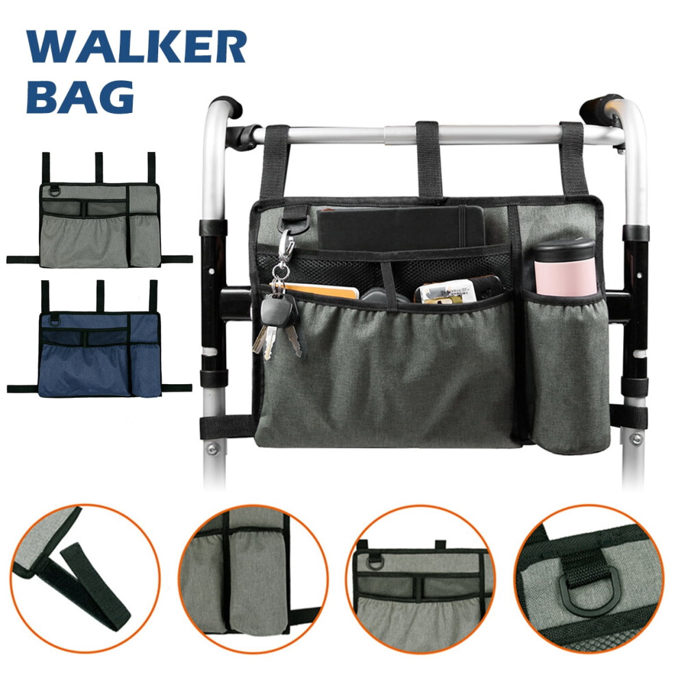 Gray Walker Bag With Cup Holder, Large Capacity Storage Pouch Compatible With Most Rollators & Wheelchairs,