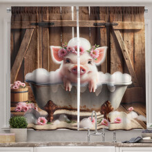 Ambesonne Rustic Kitchen Curtains, Floral Pig Bubbly Barn Bath, 55"x45", Pink and Redwood