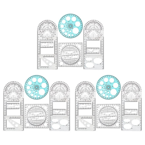 12 Pcs Multifunctional Geometric Ruler Drawing Tools Plastic Ruler Set Mathematics Measuring Circle Drawing Rulers