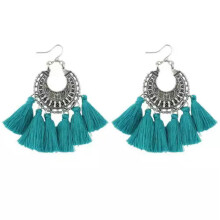 Orecchini da donna RSAMD Boho in metallo testurizzato argento con frange di cotone e nappe in macramè - Blu