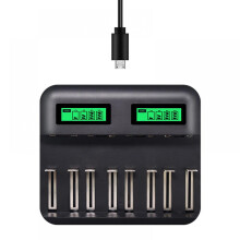 Intelligentes 8-Steckplatz-Ladegerät mit LCD-Anzeige für AA-, AAA-, CD-, Ni-MH- und Ni-Cd-Akkus, 5V/2A Micro-USB-Anschluss