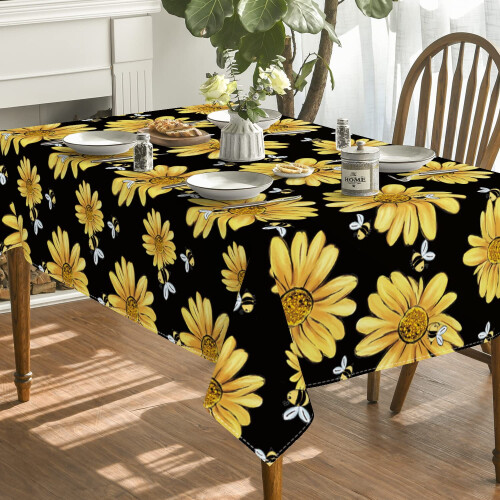 Toalha de mesa pequena com estampa de girassol para o verão, preta, 60x104 polegadas. 1