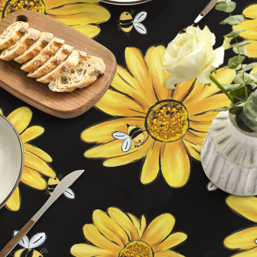 Toalha de mesa pequena com estampa de girassol para o verão, preta, 60x104 polegadas. 2