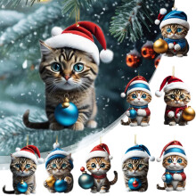 Crochta Cat Crann Nollag maxiaoxia8PCS, Maisiúcháin Crochta Cat Nollag, Ornáid Cat Nollag Greannmhar 2024Aicrileach2D do Ghluaisteáin sa Bhaile
