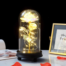 Krystallblomster Rose for alltid, Skjønnheten og udyret Galakse Fortryllet Gyllen Rose i Glasskuppel med Lyslenker - Kompatibel med Disney-gaver til