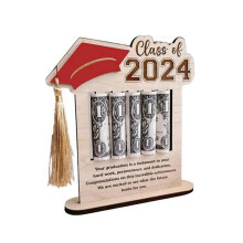 Money Card Holder 2024 Graduation Cash Holder Wooden Congrats Card Money Clip for Home Desktop Decor Favors Red