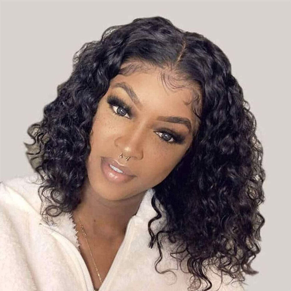 Unisex Black Human Hair Bob Wig Water Wave Lace Front Glueless 13X4x1 Natural Color Short Wig 12 Inch