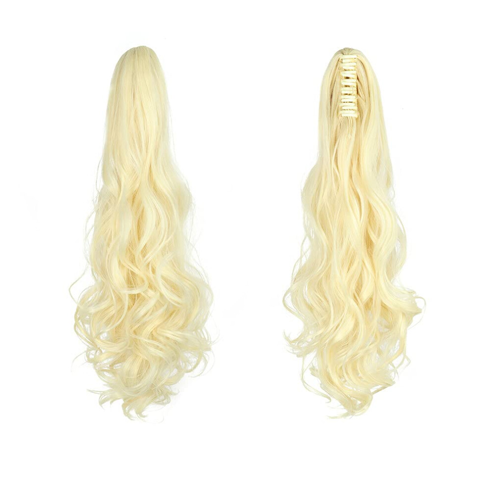 Unisex 22 Inch Wavy Clip In Ponytail Extension Blonde 613 Synthetic Hairpiece Adds Length And Volume