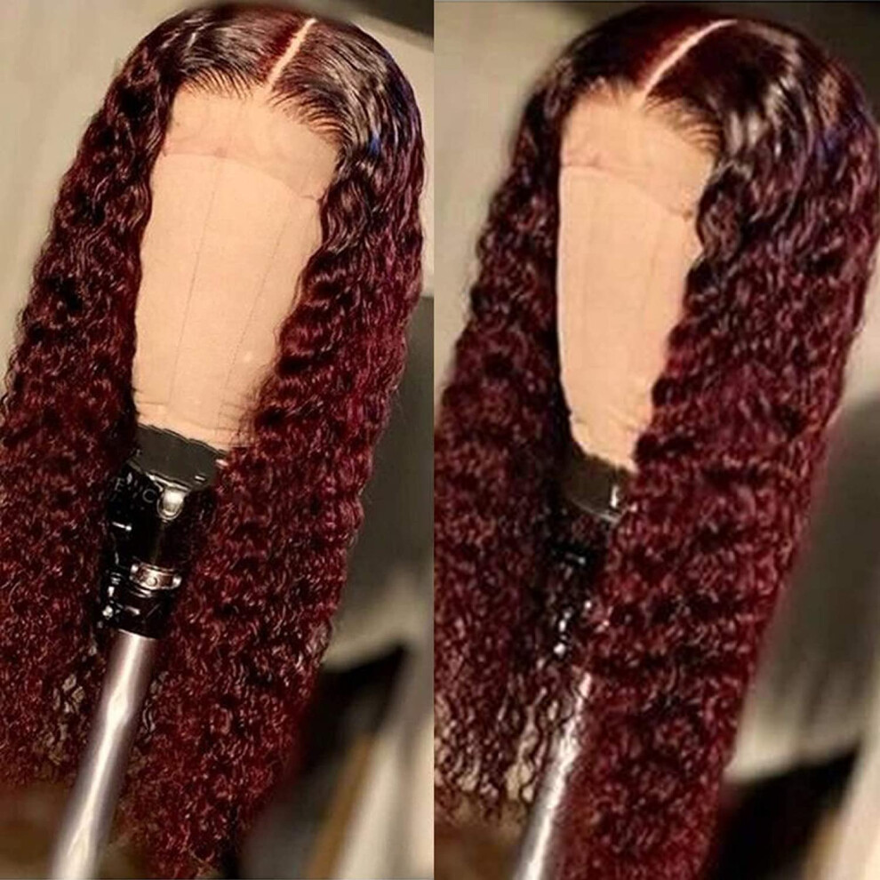 24 Inch Ombre Burgundy Red Synthetic Lace Front Wig with Bangs for Black Women, Heat Resistant, Natural PrePlucked Hairline