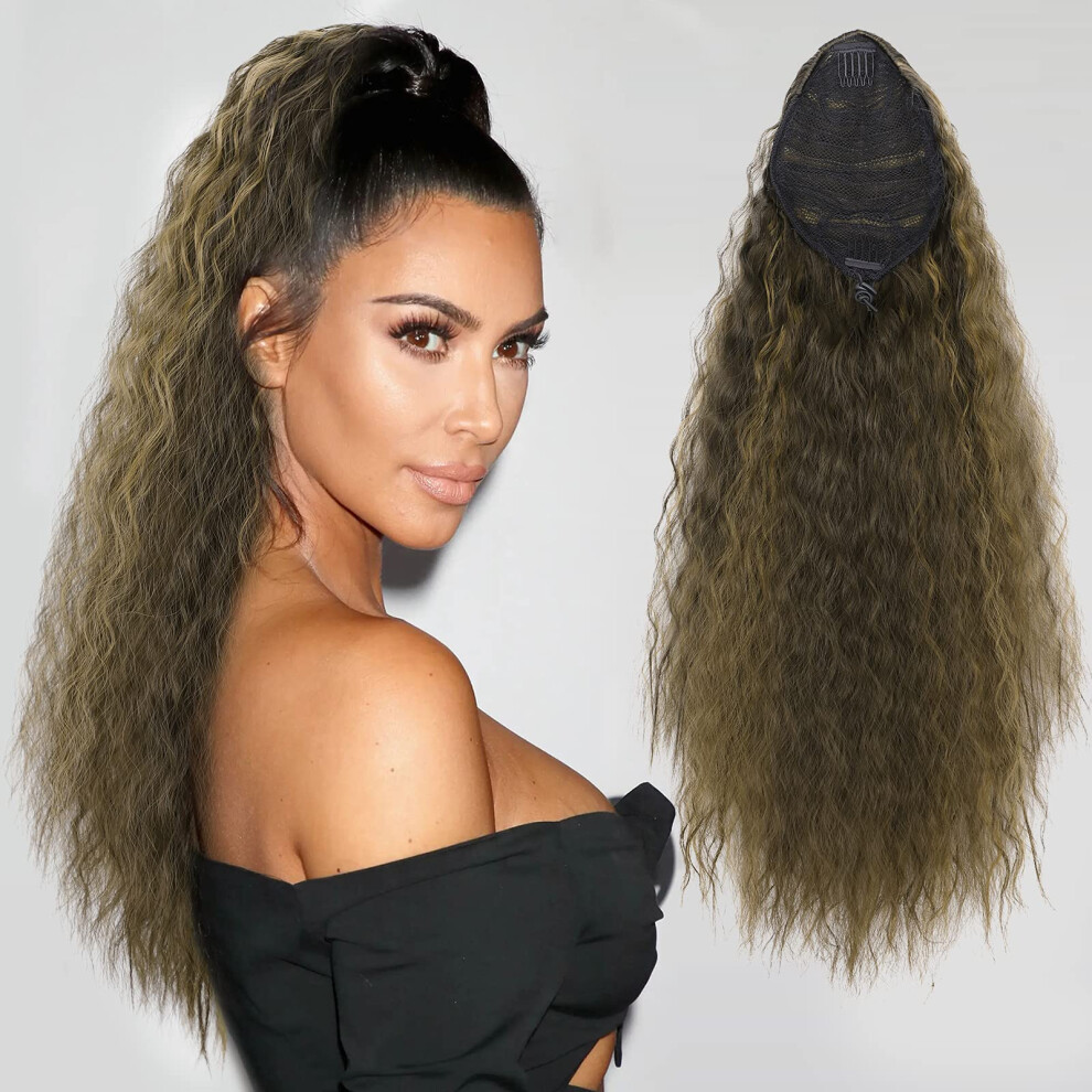 Unisex Long Curly Drawstring Ponytail Hair Extension 22 Inch Synthetic Wavy Hairpiece With Twotone Color
