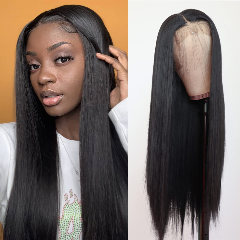 Unisex 28 Inch Brazilian Straight Human Hair Lace Front Wig 13X4x1 Pre Plucked With Baby Hair 150 Density