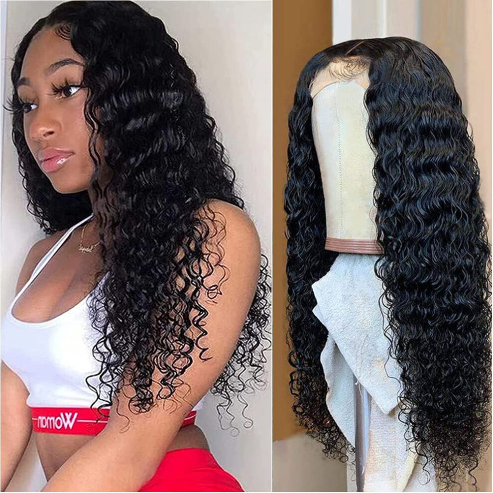 Deep Wave Lace Front Wig 4x4 Swiss Lace Closure Brazilian Virgin Human Hair 150 Density 16 Inch