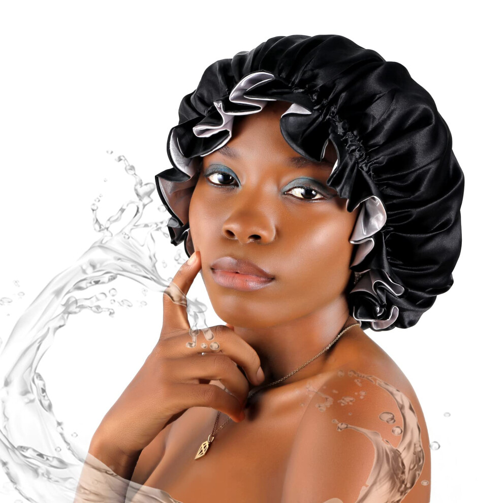 Unisex Black Satin Sleep Bonnet For Curly Hair, Waterproof Doublelayer Silk Hair Cap With Large Ruffled Edge