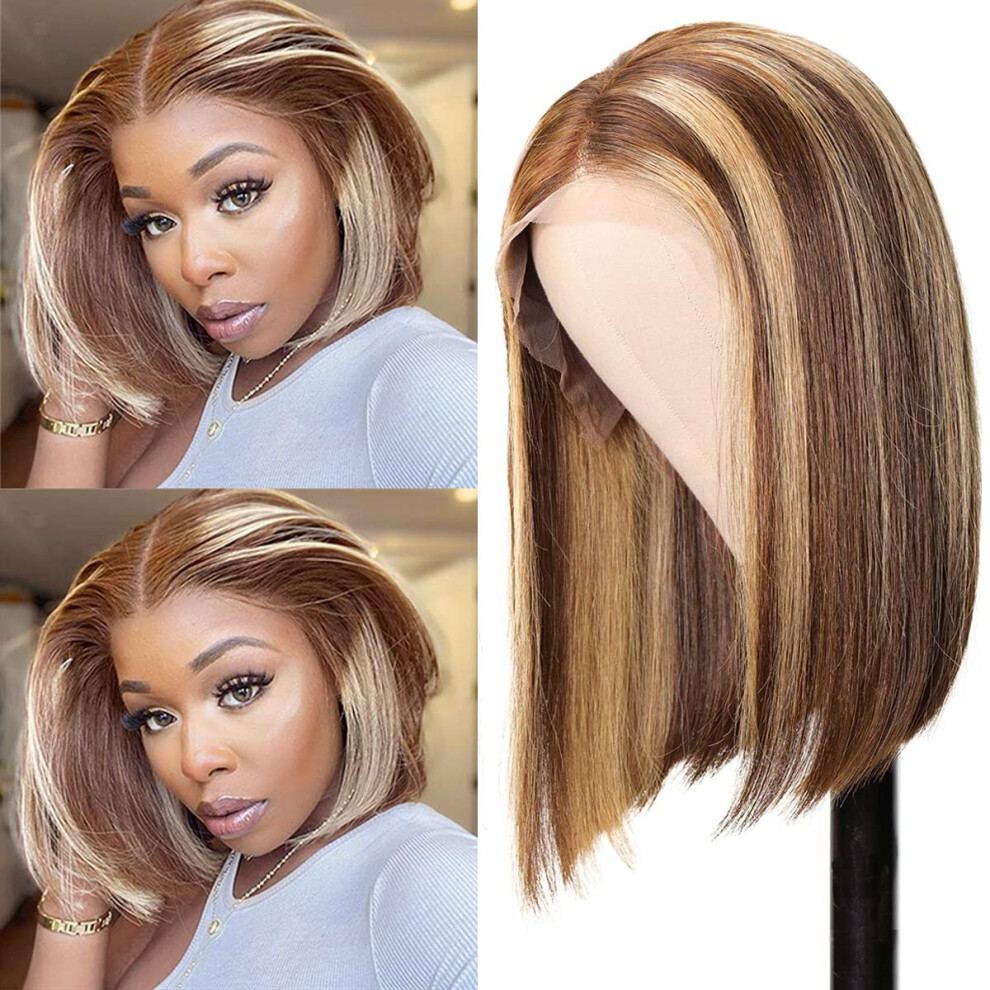 Ombre Highlight 10 Inch Bob Lace Front Human Hair Wig 150% Density Preplucked TPart Blunt Cut