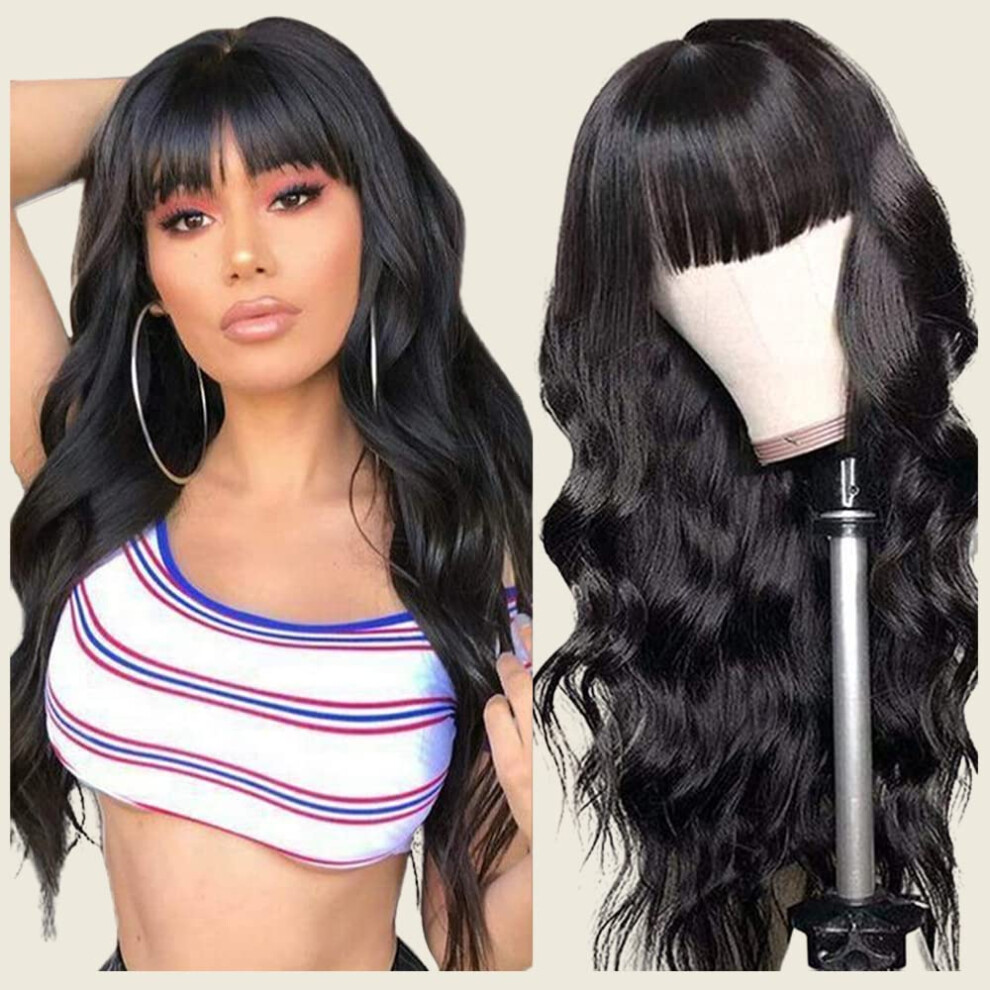 18 Inch Glueless Human Hair Wig with Bangs for Black Women, Natural Texture, Heat Style Ready