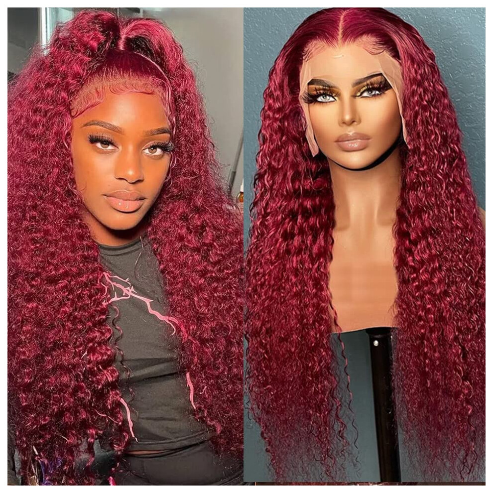 99J Burgundy 13x4 HD Deep Wave Human Hair Lace Front Wig for Black Women, Natural Hairline
