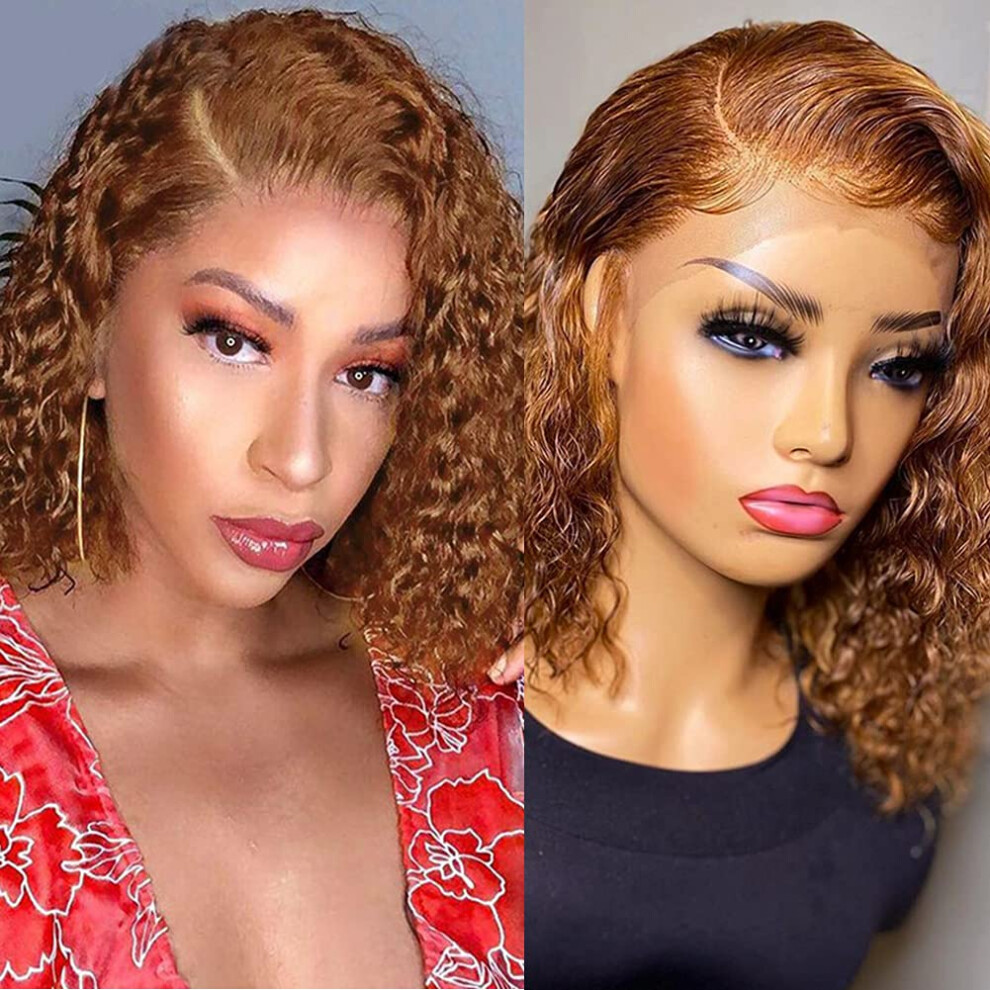 Unisex Honey Blonde Lace Front Wig 13X1 T Part Curly Bob Human Hair Natural Middle Part 12Inch
